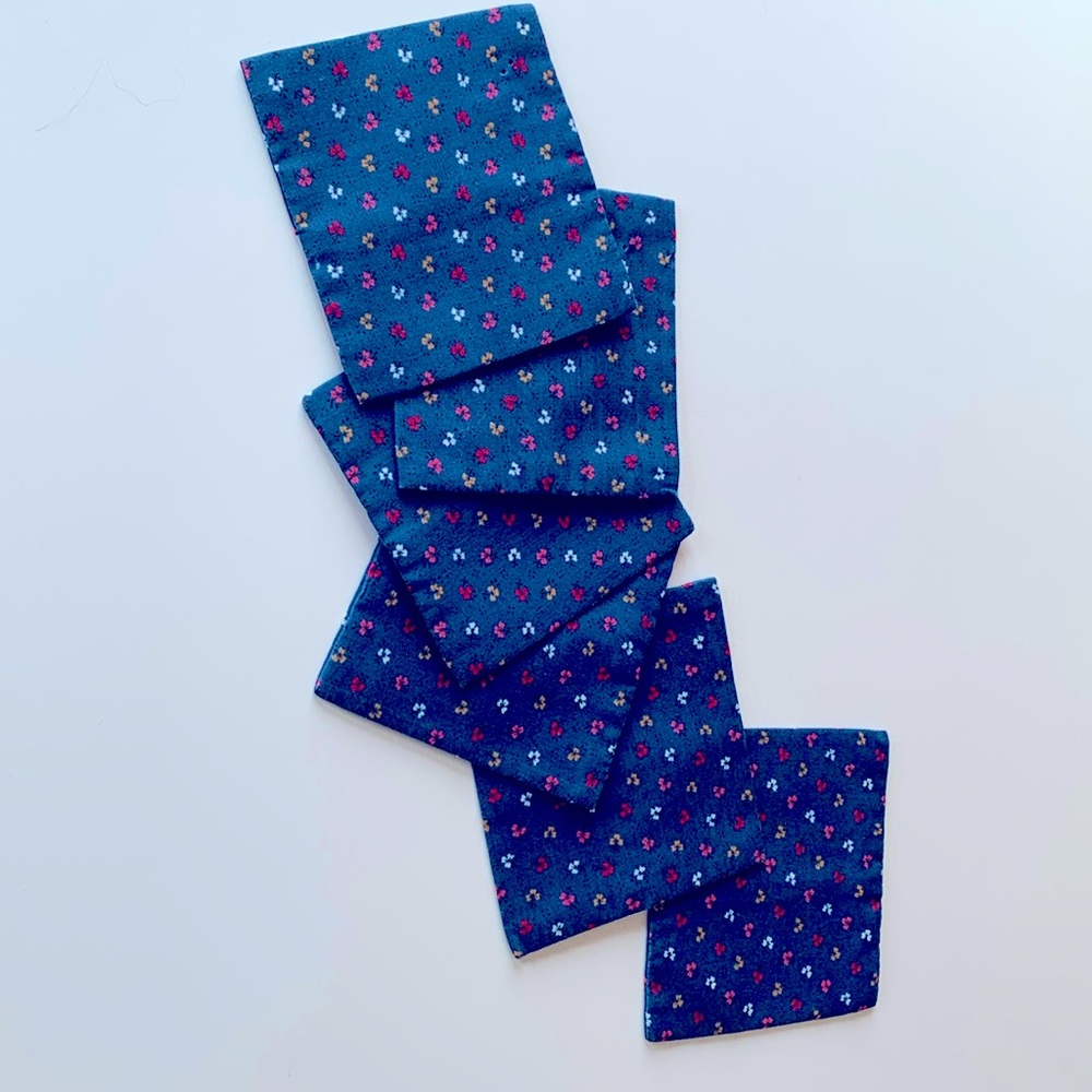 Set of 6 handmade denim blue cotton with petite floral print coasters 3”x3”